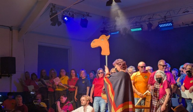 Person on the stage wearing a blanket holding a horse head on a stick with another person with a headdress and fake beard, singers in colourful shirts stood behind, male singers wearing shades.