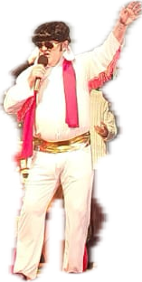 Man dressed as Elvis, singing